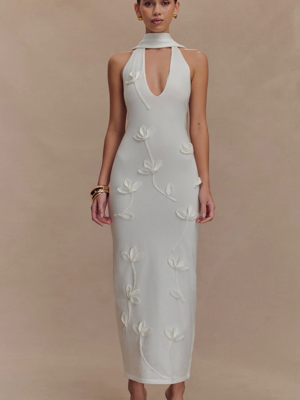 Meshki Wynn Halter Midi Dress with Appliqué Floral Detail. New with tags